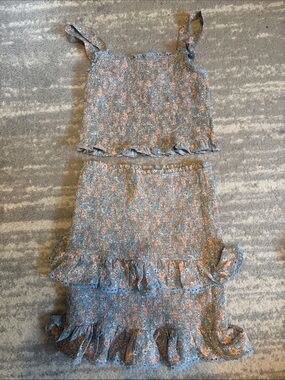 Womens Blue Floral Smocked Ruffle Two-Piece skirt Set - from mixology. Like new!